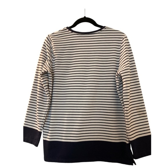 CHICO’S top, size M, navy blue and white stripes, scoop neck, 3/4 sleeves - Picture 2 of 4